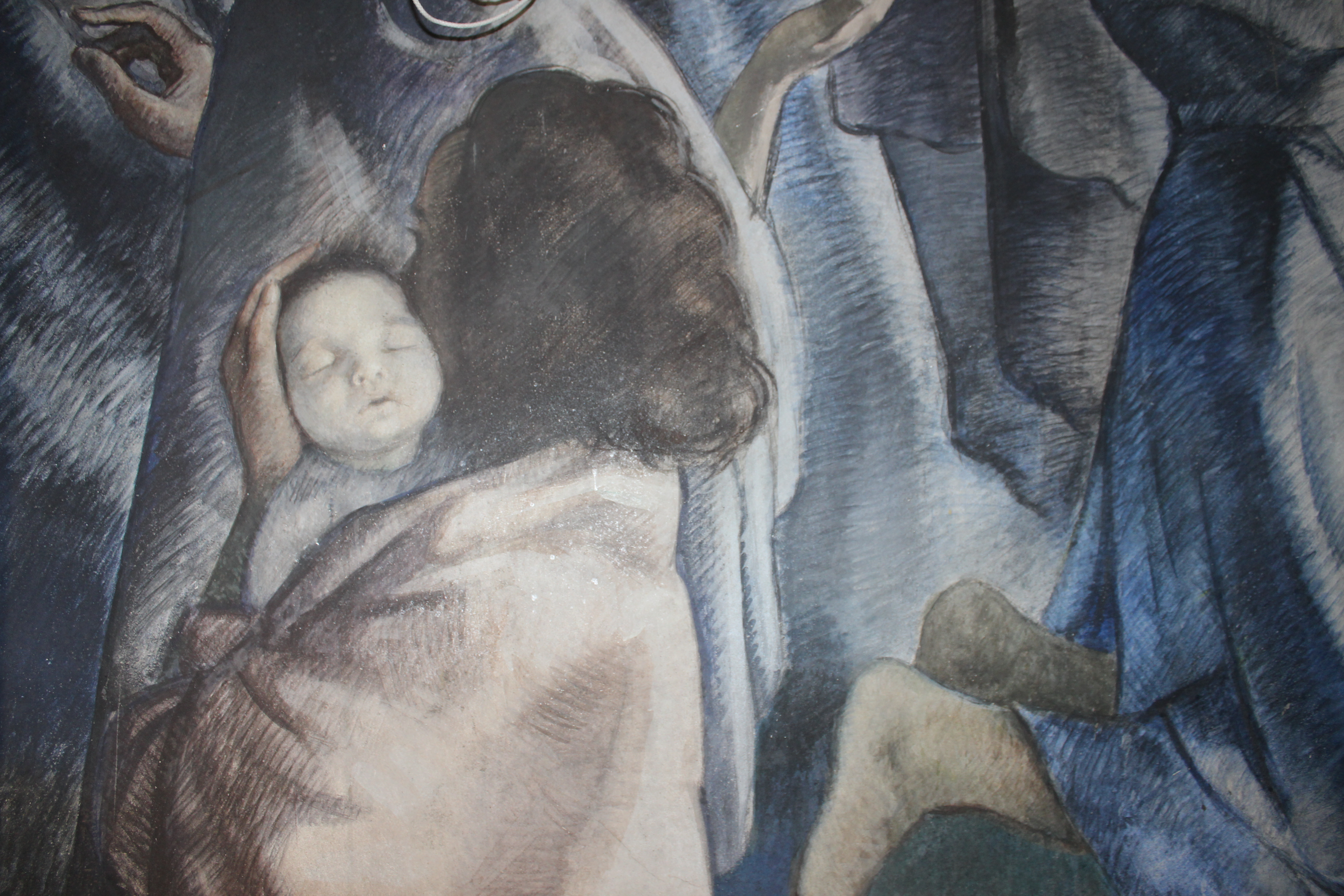 Detall de la pintura de Fidel Trias i Pagès, on s'aprecia la cara d'un nadó (la seva filla) i de la seva dona. || M. Antúnez